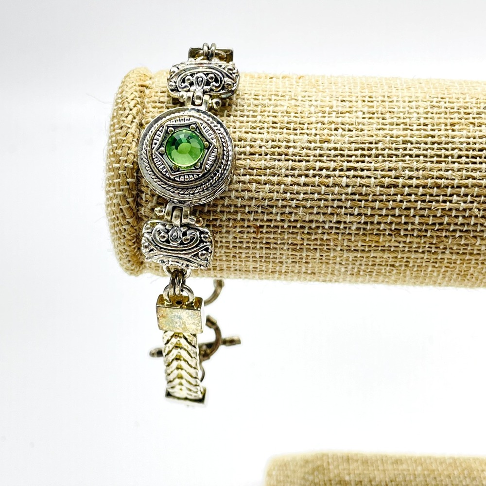 Vintage Green Rhinestone Bracelet Silver Tone Ornate Chunky Link Statement